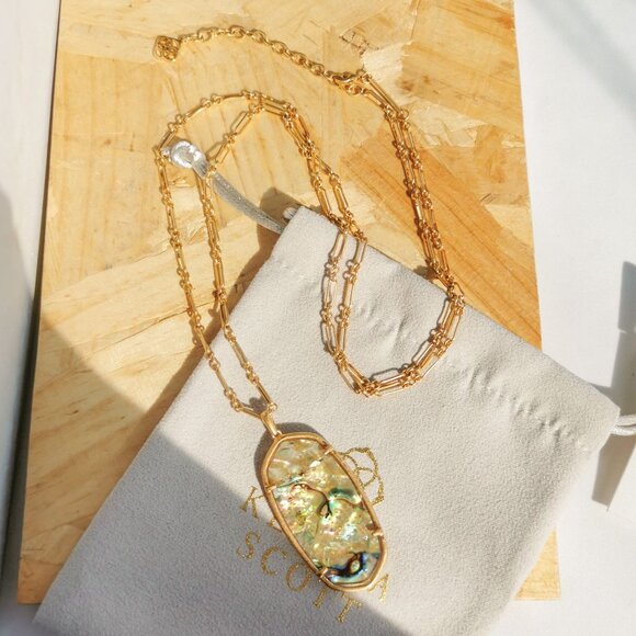 NEW Kendra Scott Faceted Reid White Abalone Long Necklace Vintage Gold - Picture 3 of 4